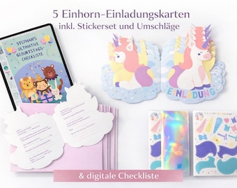 Kit de fête d'anniversaire licorne pour enfants – Cartes d'invitation + Liste de contrôle numérique pour l'organisation