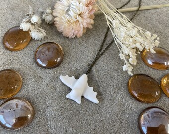 Necklace with bat pendant made of porcelain (raw/unglazed, fine bronze-colored brass chain)