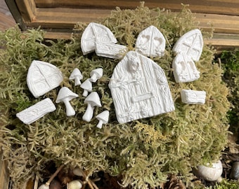 Accessories for crafting fairy houses or miniature gardens: set with door, windows, flower boxes and clay mushrooms