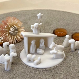 Tiny Porcelain Nativity Scene - Miniature Scene Consisting of 15 White Figures