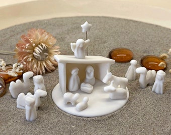 Tiny Porcelain Nativity Scene - Miniature Scene Consisting of 15 White Figures