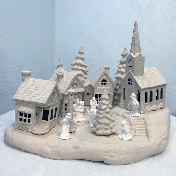 For painting: Christmas village made of ceramic - winter half-timbered village consisting of figures, houses, church, trees and base (vintage), DIY