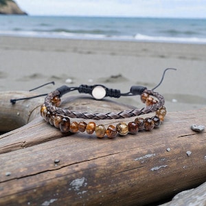 Amber bracelet, boho bead and leather bracelet set, gift for men and women, macrame clasp 00289