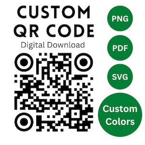 Può includere: Grafica digitale scaricabile con un codice QR personalizzato in bianco e nero. Il testo "CUSTOM QR CODE Digital Download" è in alto. Cerchi verdi indicano i formati di file: PNG, PDF, SVG e Colori personalizzati.