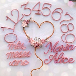 Può includere: Numeri all'uncinetto rosa 0-9, 1, 2 e una decorazione floreale a forma di cuore. Il cuore è adornato con fiori rosa e bianchi. Sono inclusi anche i nomi Maria e Alice e le parole mês, meses e ano.