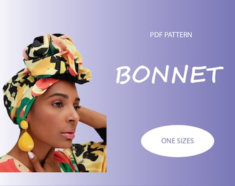 May include: PDF pattern for a bonnet. The pattern is for one size. The image shows a woman wearing a colorful patterned bonnet.
