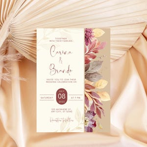 Modelo de convite de casamento floral elegante - Design rústico marrom e bege - Download digital
