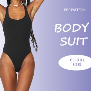 May include: PDF pattern for a black bodysuit. The pattern includes sizes XS-XXL.  The image shows a model wearing the bodysuit.