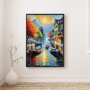 Colorful Canal Scene Wall Art - Hand-Painted Look Digital Artwork - Vibrant Landscape Poster