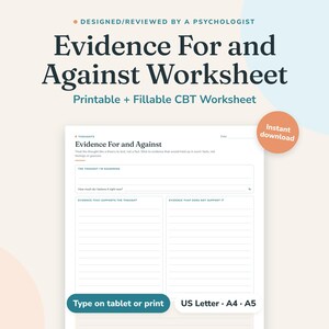 Evidence For and Against Worksheet, CBT Therapy Printable and Fillable PDF for Therapists and Clients