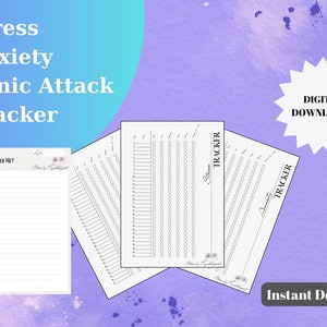 May include: A set of printable tracking sheets featuring the text Stress Anxiety Panic Attack Tracker, What Triggered Me, and Digital Downloads. The documents include lined sections and numbered lists with checkboxes for monitoring daily mental health.