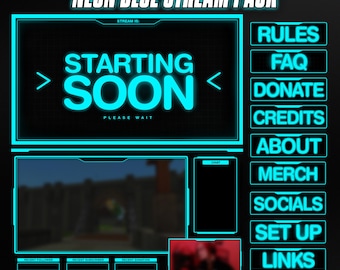 Pakket neonblauw stream-overlays | Twitch-overlay, panelen, gewoon chatten, statusschermen | Vtuber-vriendelijk
