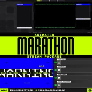 Puede incluir: Un paquete de transmisión digital con un tema negro y verde neón. Las palabras "Animated Marathon Stream Package" se muestran en letras grandes y en negrita. El paquete incluye cuadros de chat, alertas y una pantalla de "Advertencia" con el texto "Will: Be Right Back".