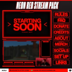 Neon Red Stream Overlays Package | Red Twitch Overlay, Panels, Just Chatting, Status Screens | Cyber | Futuristic | Vtuber Friendly