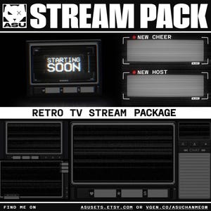 May include: A digital stream package featuring a retro television aesthetic with black and white static overlays. Elements include a STARTING SOON screen, NEW CHEER and NEW HOST alert boxes, and a chat interface with heart, star, and dollar icons.