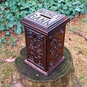 Wood Hand Carving Money Box, Banks & Cash Boxes, Vintage Money Box, Piggy Bank, Wooden Coin Bank, Carved Tip Box, Money Box Gift