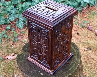 Hand Carved Walnut Wood Money Box, Vintage Style Piggy Bank