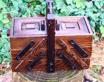 Wooden Sewing Box, Handmade Tool Box, Fold Out Sewing Chest, Vintage Sewing Basket, Wooden Sewing Container, Wood Storage Box