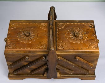 Hand Carved Wooden Tool Box – Solid Pine Accordion Sewing Organizer