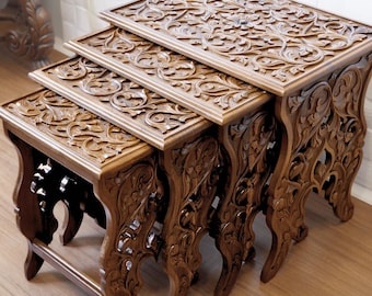 Hand Carved Walnut Nesting Tables, Floral Accent Furniture, Set of 4