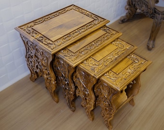 Hand-Carved Walnut Nesting Coffee Table, Turkish Art Furniture