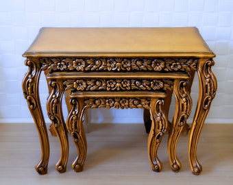 Hand Carved Nesting Coffee Table Set: Rustic Aged Walnut Wood