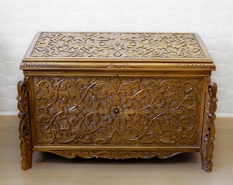 Handcrafted Walnut Wood Chest | Vintage Floral Carvings, Decorative Storage Trunk