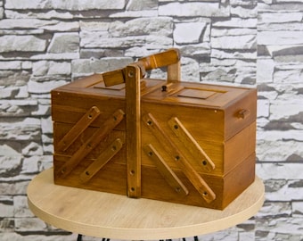 Expandable Wooden Sewing Box, Handmade Craft Organizer, Vintage Style