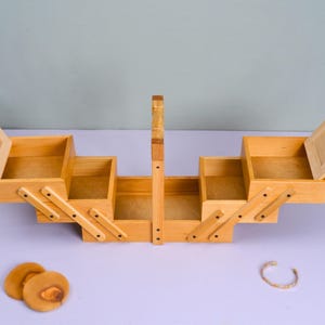 Wooden Sewing Box – Handmade Beech Wood Folding Sewing Organizer with Drawers, Vintage Rustic Craft Storage Tool Box
