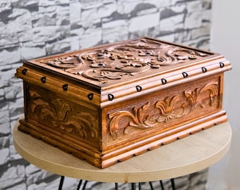 Hand-Carved Walnut Puzzle Box – Rustic Jewelry Keepsake with Velvet Lining