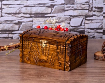 Handmade Engraved Walnut Wooden Chest, Locked Pirate Jewelry Box