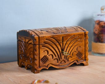 Hand Carved Walnut Pirate Treasure Chest, Wooden Jewelry Box with Lock