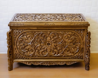 Hand-Carved Walnut Wood Trunk, Antique Style Dowry Chest