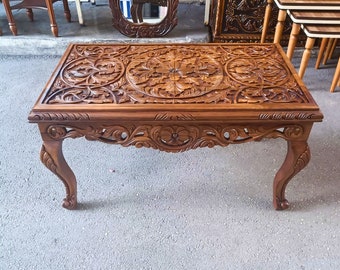 Hand-Carved Solid Walnut Coffee Table, Antique Style Living Room Table