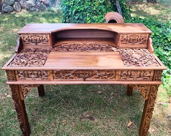 Hand-Carved Walnut Wood Writing Desk, Antique Style Office Desk