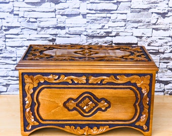 Hand Carved Solid Walnut Wood Chest, Ottoman Trunk