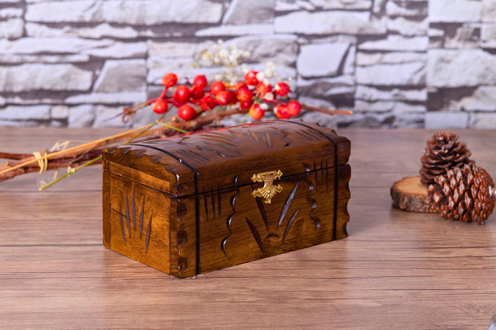 Vintage Brown Leather Treasure Box Riveted Wood Domed Pirate 