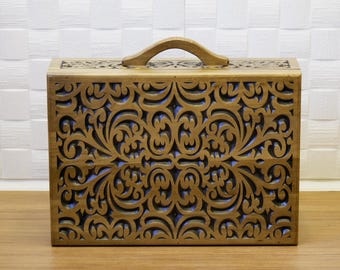 Handcarved Walnut Keepsake Box: Lockable Vintage Suitcase Decor