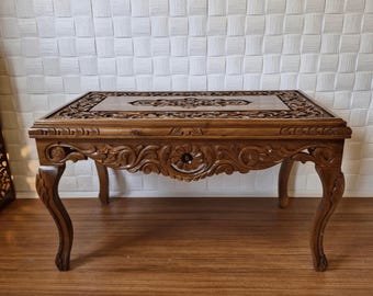 Walnut Coffee Table, Hand Carved Luxury Furniture,  Rustic Floral Furniture
