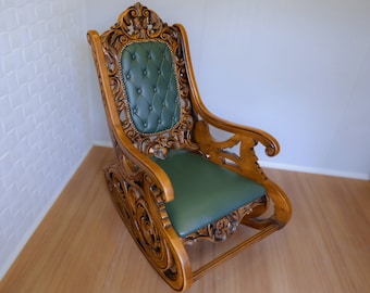 Hand Carved Turkish Walnut Rocking Chair, Leather Upholstery, Midcentury Design