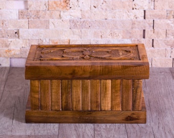 Hand Carved Walnut Wood Puzzle Box: Engraved Secret Jewelry Box