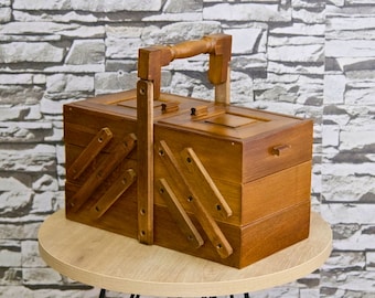 Large Wooden Sewing Organizer Box with Handle, Expandable Accordion Cantilever Storage (Box Only)
