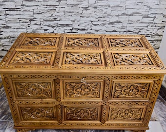 Hand Carved Walnut Wood Trunk, Rustic Floral Cedar Chest