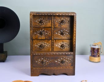 Hand Carved Pine Jewelry Box, Rustic Wooden Organizer, Vintage Storage Chest