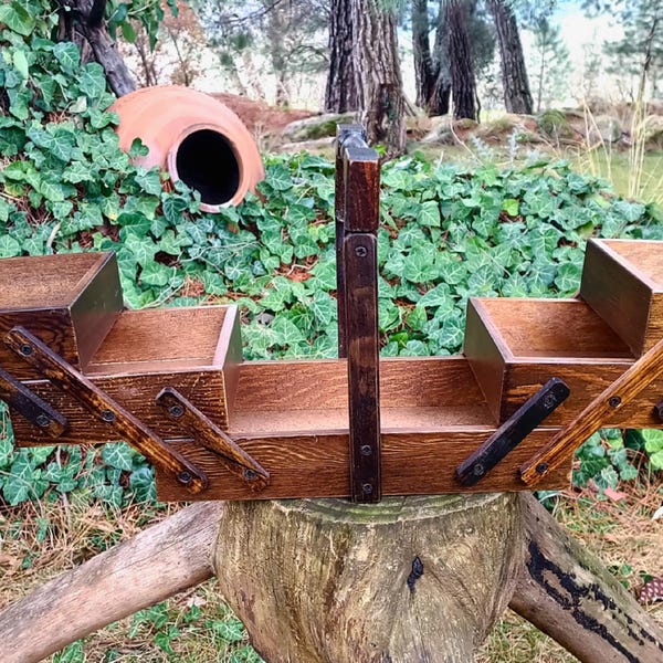 Rustic Wooden Toolbox with Foldable Compartments, Handcrafted Organizer
