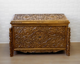 Handcarved Walnut Wood Trunk, Large Decorative Chest, Turkish Flower Motif