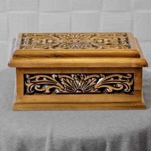 Handmade Carved Walnut Jewelry Box: Vintage Red Velvet Keepsake