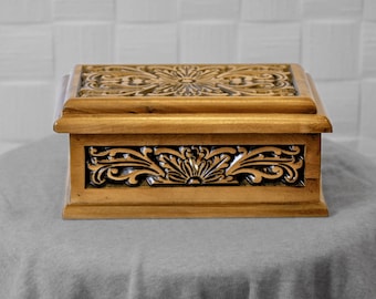 Handmade Carved Walnut Jewelry Box: Vintage Red Velvet Keepsake