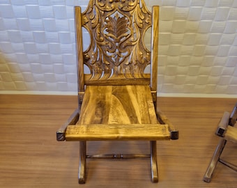 Handcrafted Wooden Folding Chair: Floral Carved Boho Accent