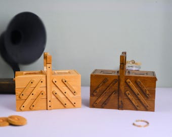 Handmade Expandable Beech Wood Sewing Box – Vintage Craft Organizer